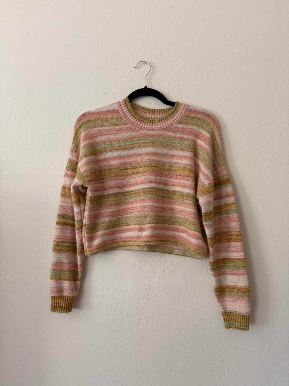 Striped Crewneck Cropped Sweater in Pink and Olive